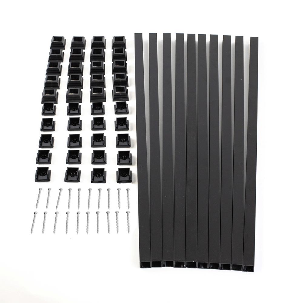 The Snapn Lock® Baluster Kit-Square includes neatly organized hardware on a white background, featuring black cable raceways, T6063 aluminum balusters, mounting bases, and screws.