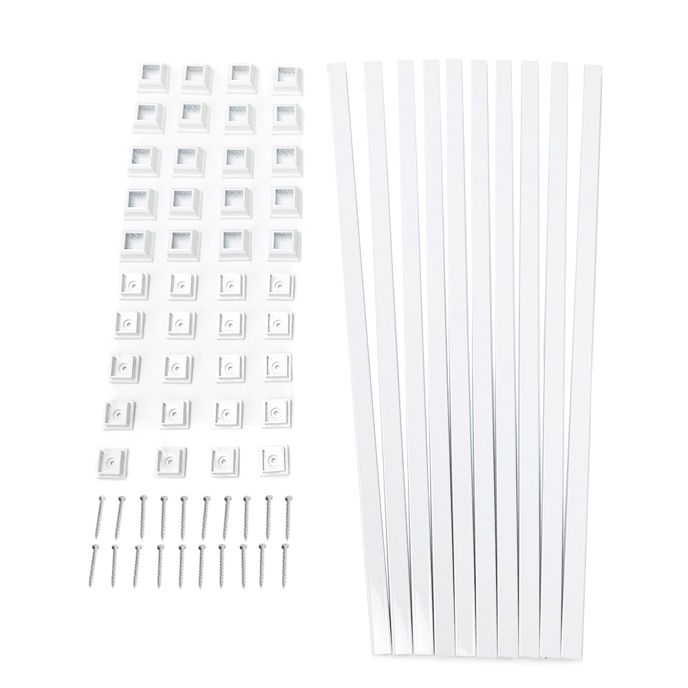 The Snapn Lock® Baluster Kit-Square is displayed on a white surface with T6063 aluminum balusters, metal screws, plastic clips, and long metal strips.