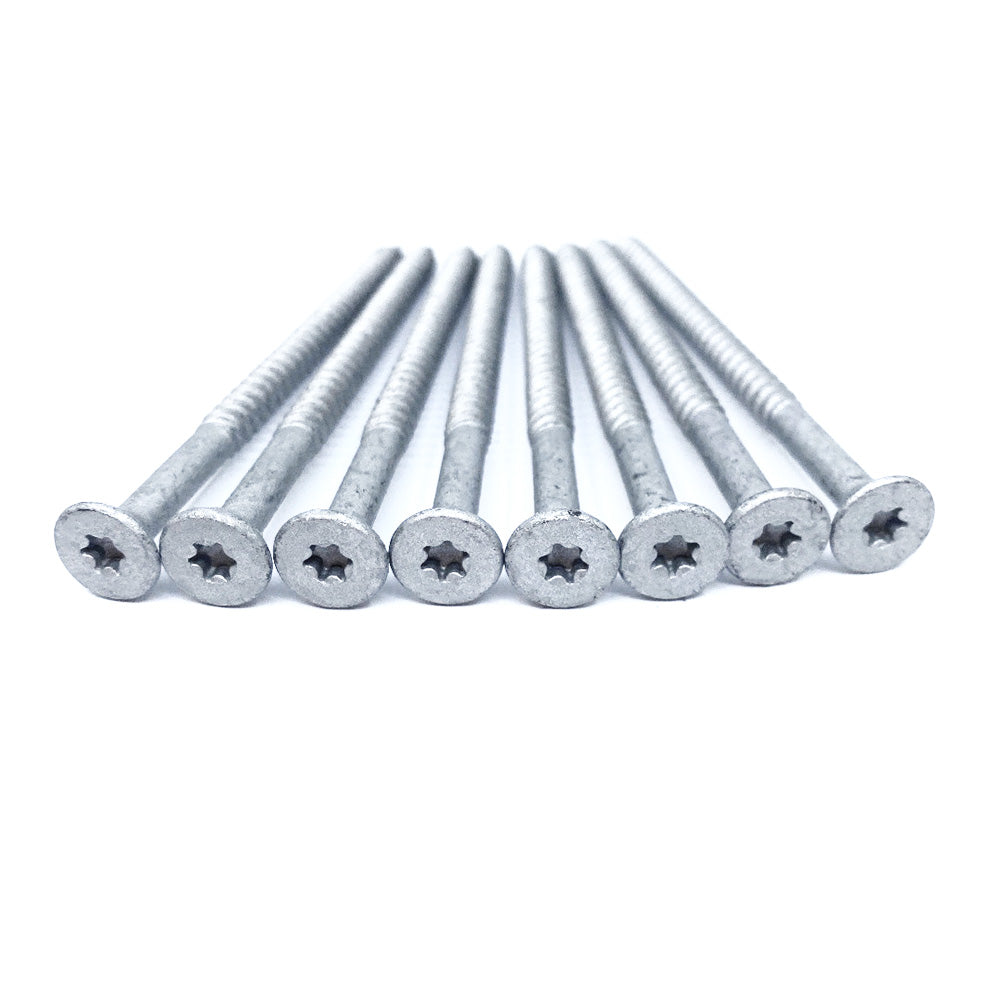 Eight #14x4 galvanized flat head screws, known for their exceptional rust protection, are arranged side by side on a white background.