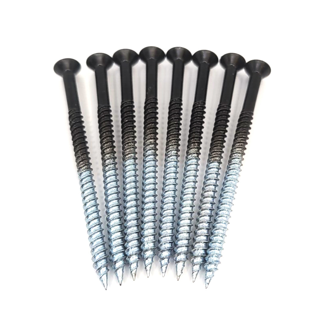 Eight #14x4 Black Flat Head Screws with threaded silver bodies and an ACQ Compatible Coating for enhanced durability are lined up on a white background.