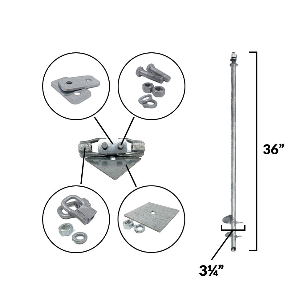 The metal hardware collage features bolts, nuts, brackets, and plates. To the right, a Tieback Anchor is displayed next to a 36-inch tall by 3¼-inch wide rod, perfect for strengthening retaining walls.