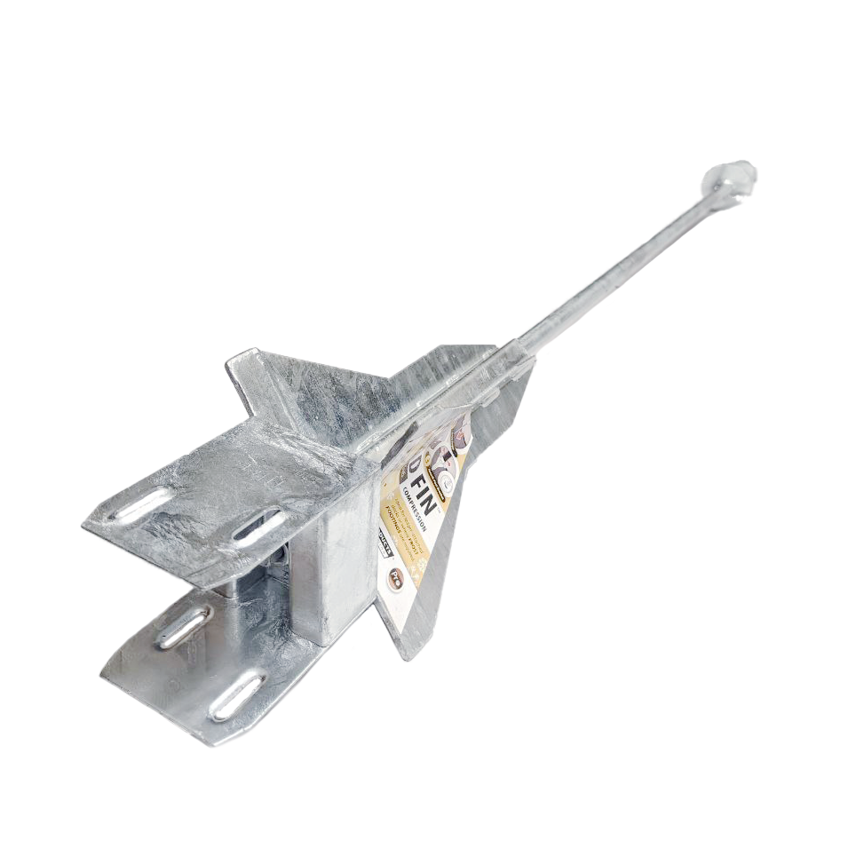 The Deck Foot Anchor - Ledger, featuring a galvanized finish with angled fins and a long, narrow rod for frost footing, includes a label attached to the fins.