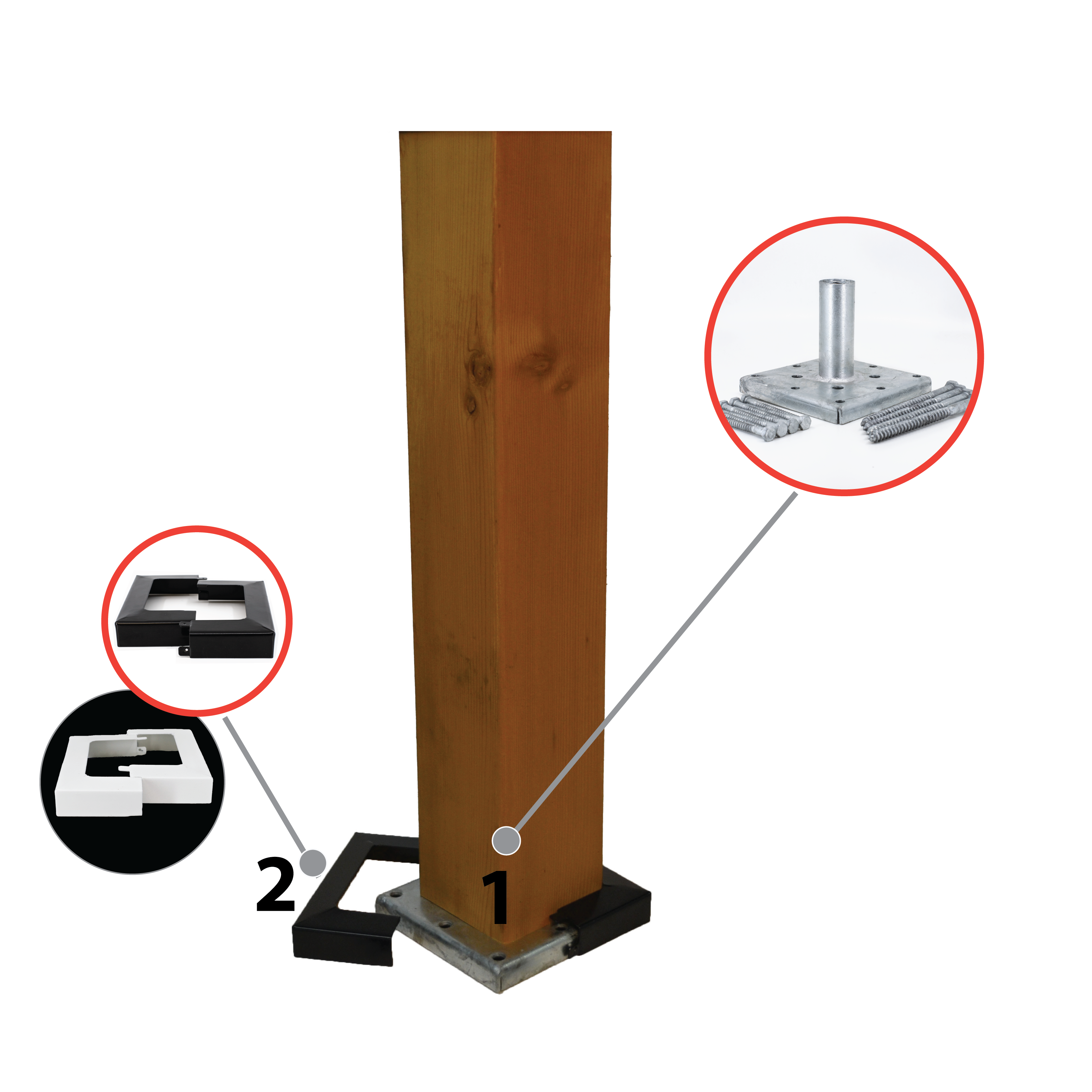 A wooden post, secured by a zinc-coated Titan Post Anchor, serves as the focal point. The image shows a close-up of the metal bracket with four anchor points and a zoomed view of two stacked components from the 4x4 Double Bundle - White/Black labeled 2.