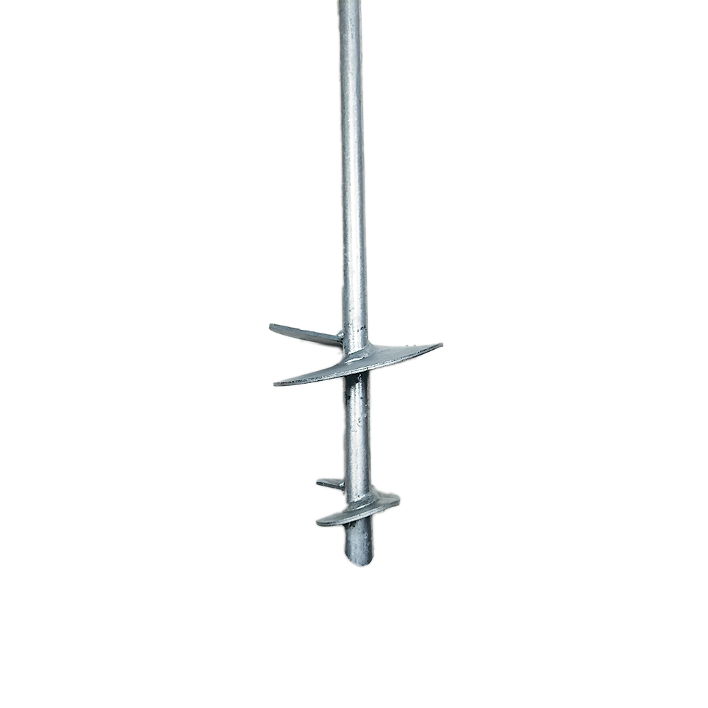 Close-up of the Deck Foot - Floating - Ground Contact, showing a metal auger screw with a long shaft and two spiral blades. Its shiny finish is ideal for installing freestanding deck footings. The plain white background highlights its simple design and utility.