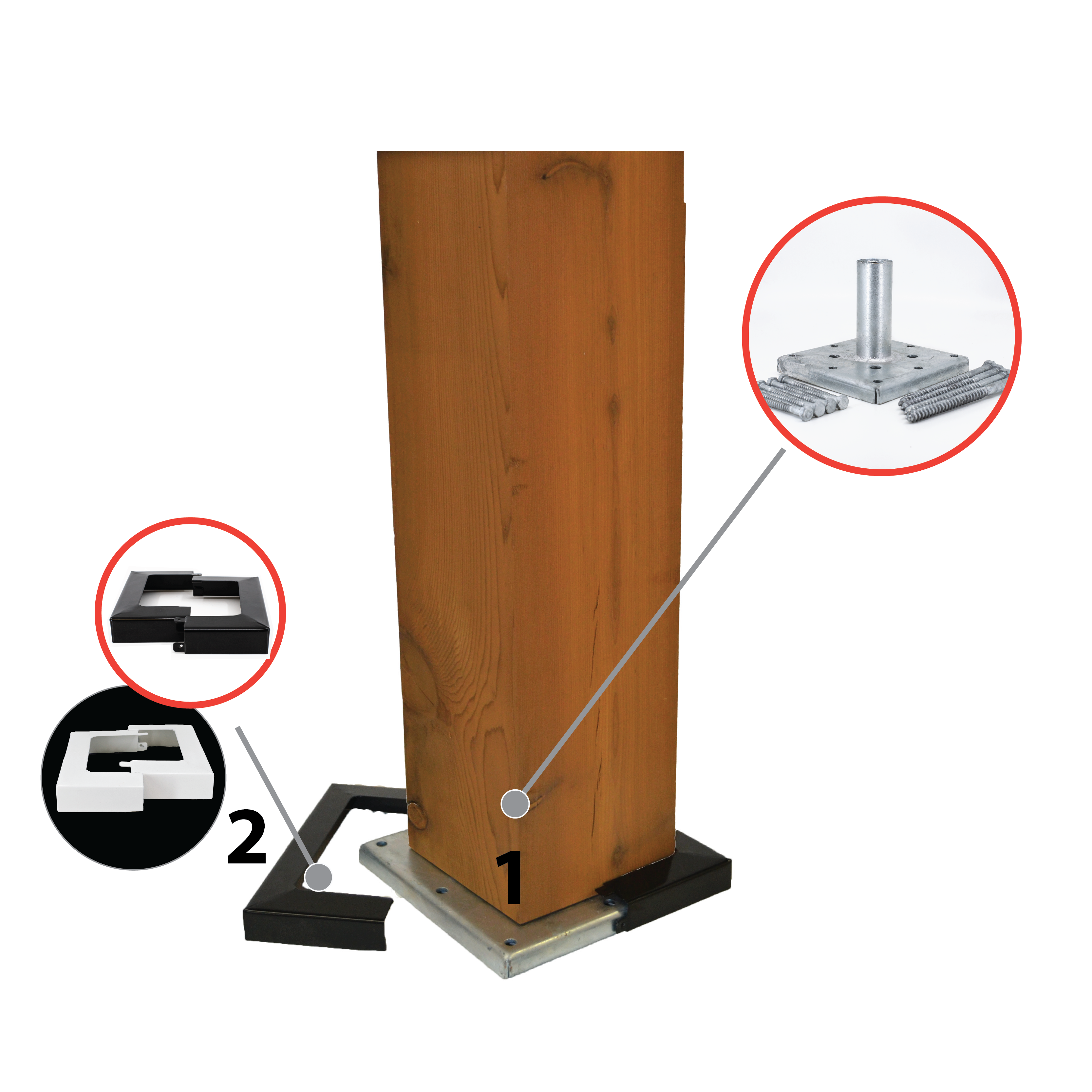 Wooden beam with a zinc-coated metal base and protective caps. Enlarged sections show a close-up of the base, labeled 1, featuring the 6x6 Double Bundle - White/Black and two interlocking metal components, labeled 2..