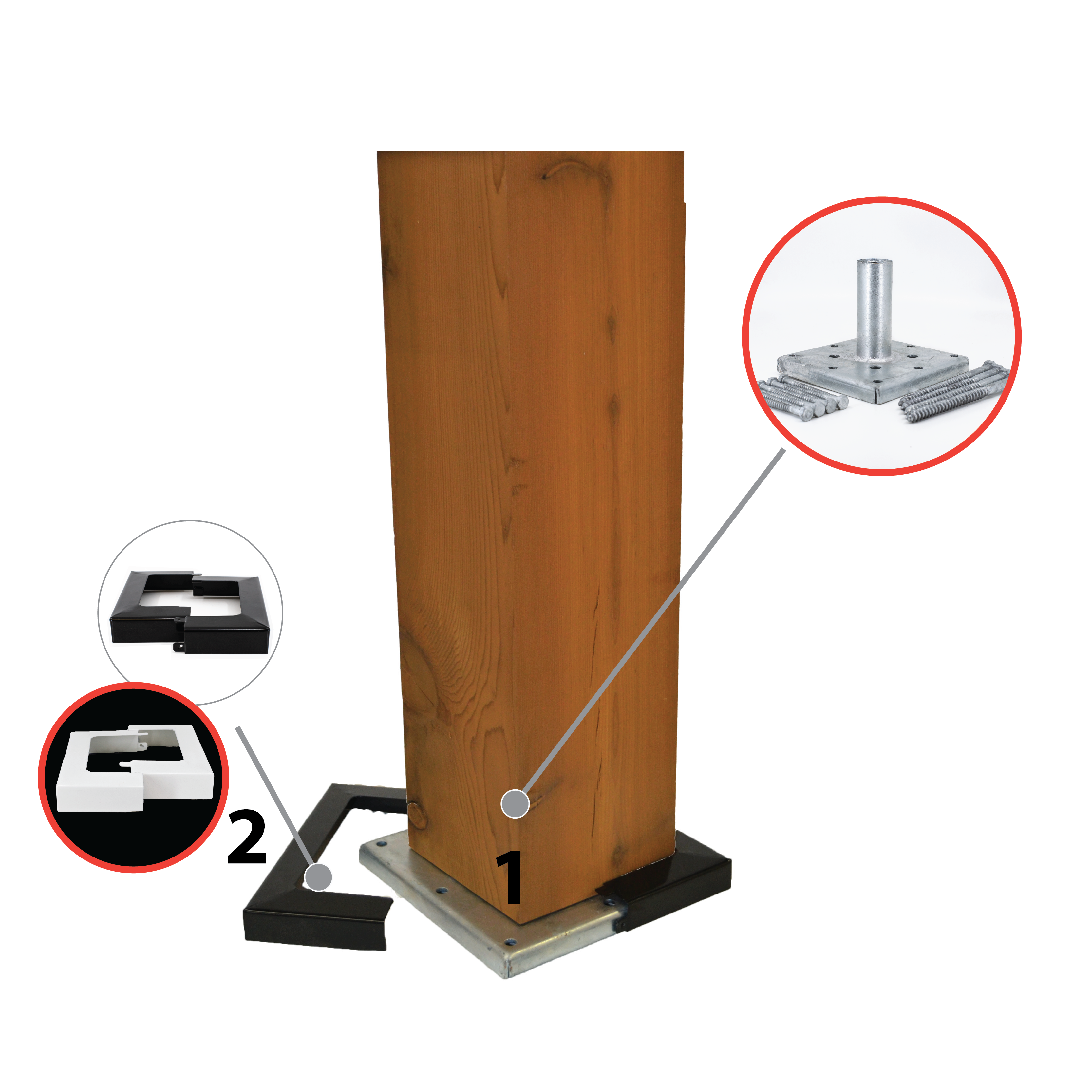 A 6x6 Double Bundle - White/Black secures a wooden beam to a zinc-coated metal base. Inset on the right shows details of the Titan Wood Post Anchor, while the left inset numbers parts 1 and 2, illustrating the beam securing mechanism, complemented by sleek metal post skirts.