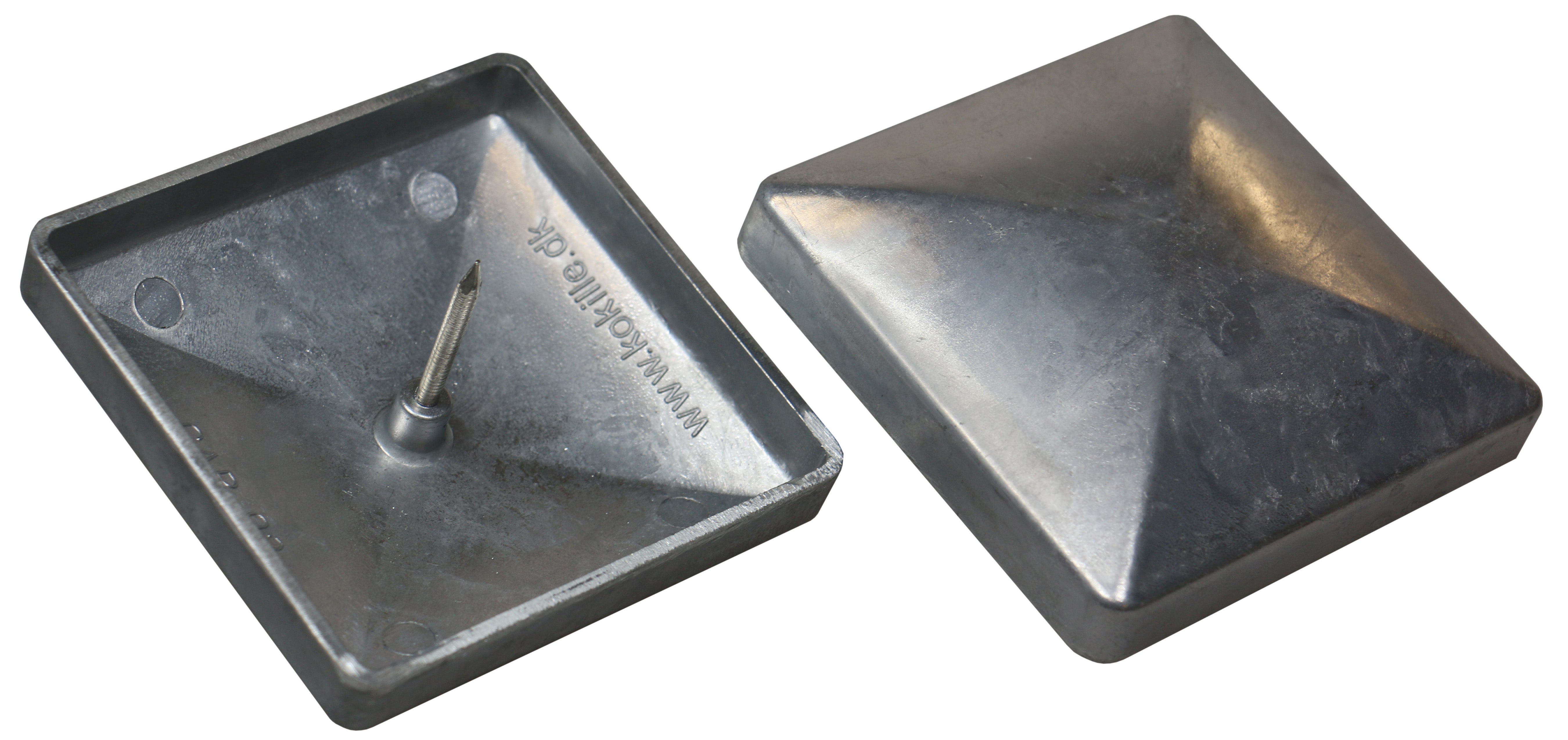 Two Quick Cap Aluminum anti-climb spikes, made of cast aluminum, are displayed: one open with a sharp inner point and the other closed. Both have a square pyramid-like shape with a reflective surface for enhanced security.