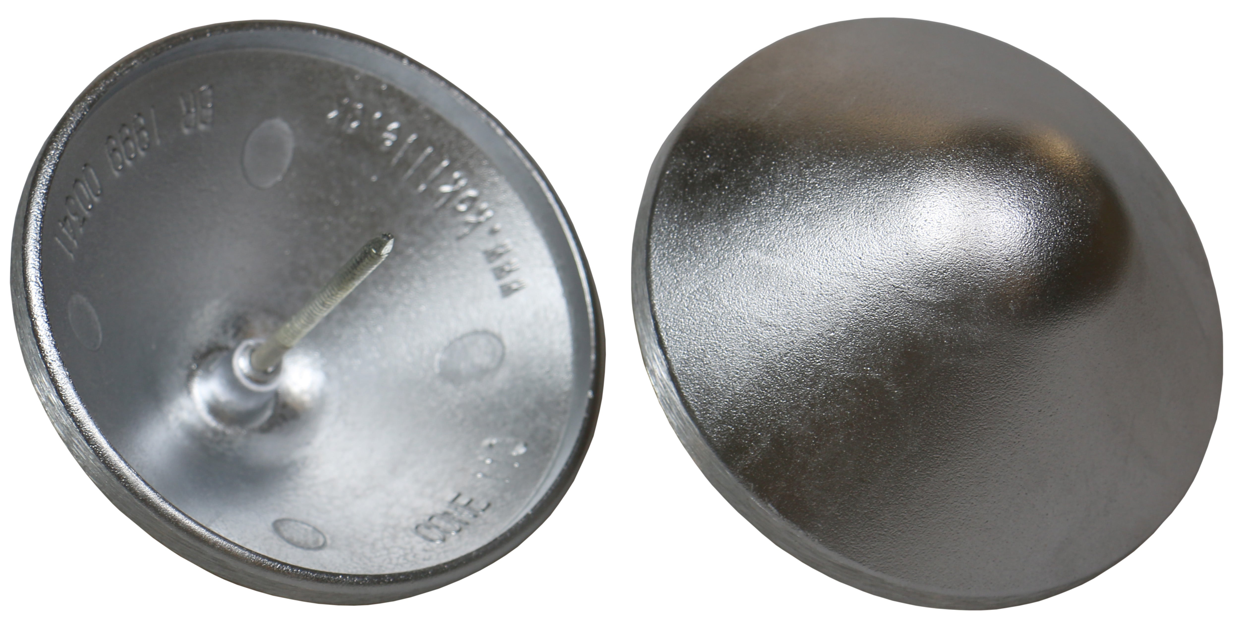 Two shiny, silver metallic thumbtacks look like miniature Quick Cap Aluminum caps; one shows its pointed end and the other displays its round head, both with a smooth, reflective surface akin to polished aluminum.
