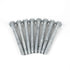 Four shiny, galvanized 1/4x3 hex head lag screws are neatly aligned on a white background, threads facing forward, creating an even, symmetrical arrangement.