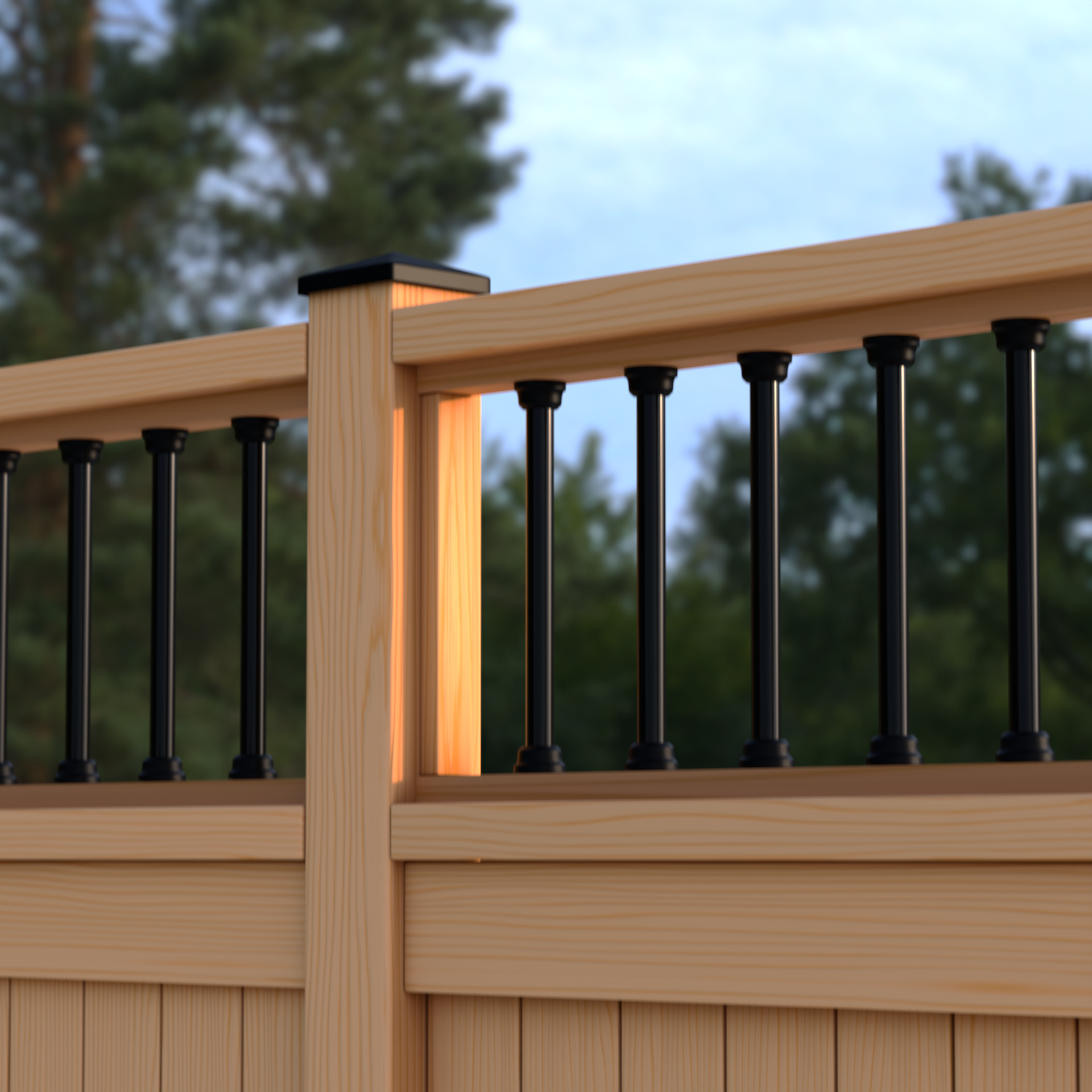 The Snapn Lock® Fence Toppers™ - Round is displayed featuring vertical black metal bars and aluminum balusters, highlighted by warm sunlight. Green trees and a blue sky in the background suggest a serene outdoor scene.