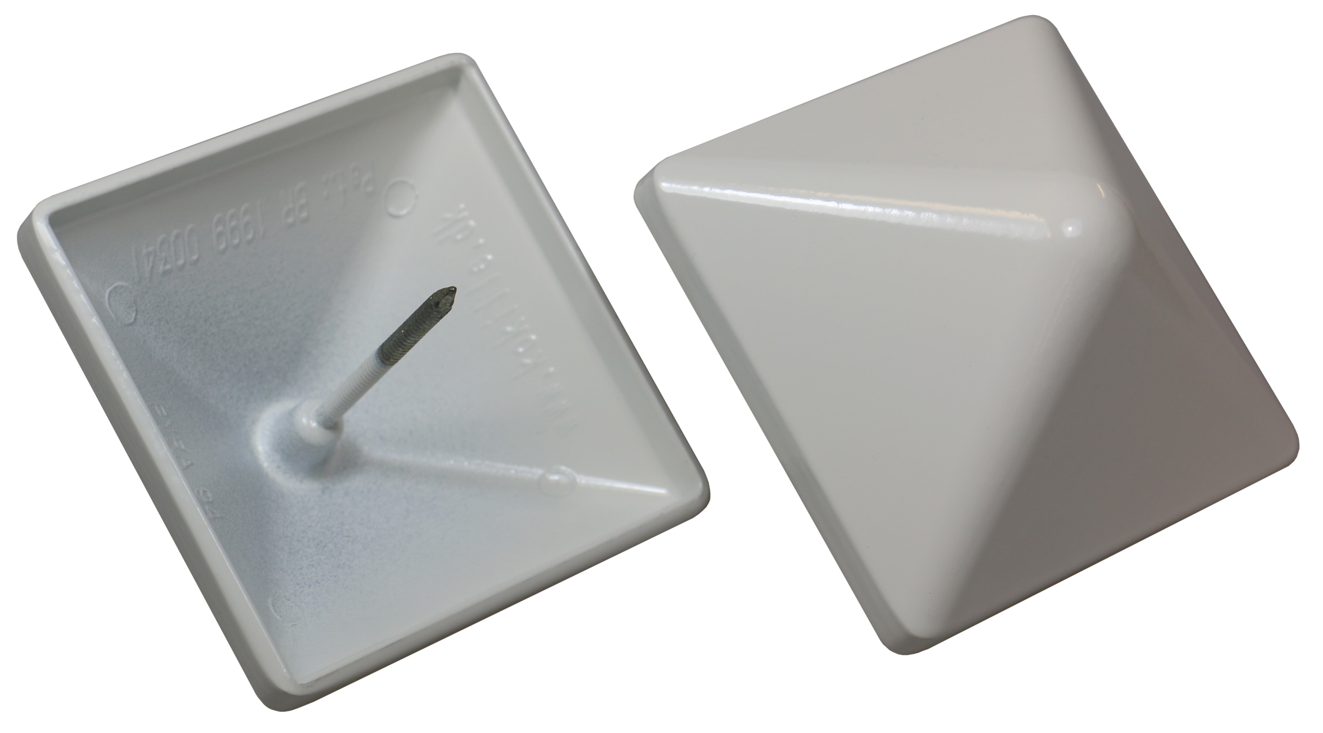 Two white, pyramid-shaped security tags are highlighted—one is upright and the other upside down showing the pin. Made of plastic, they have a sleek finish resembling Quick Cap Aluminum post caps.