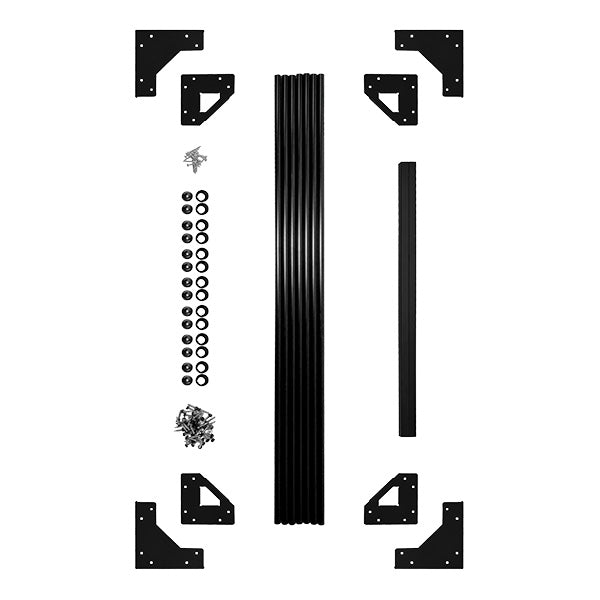 A flat lay image on a white background displays black metal components including brackets, rods, washers, screws, and Snapn Lock® balusters, suggesting parts of an assembly kit like the Snapn Lock® Gate Kit.