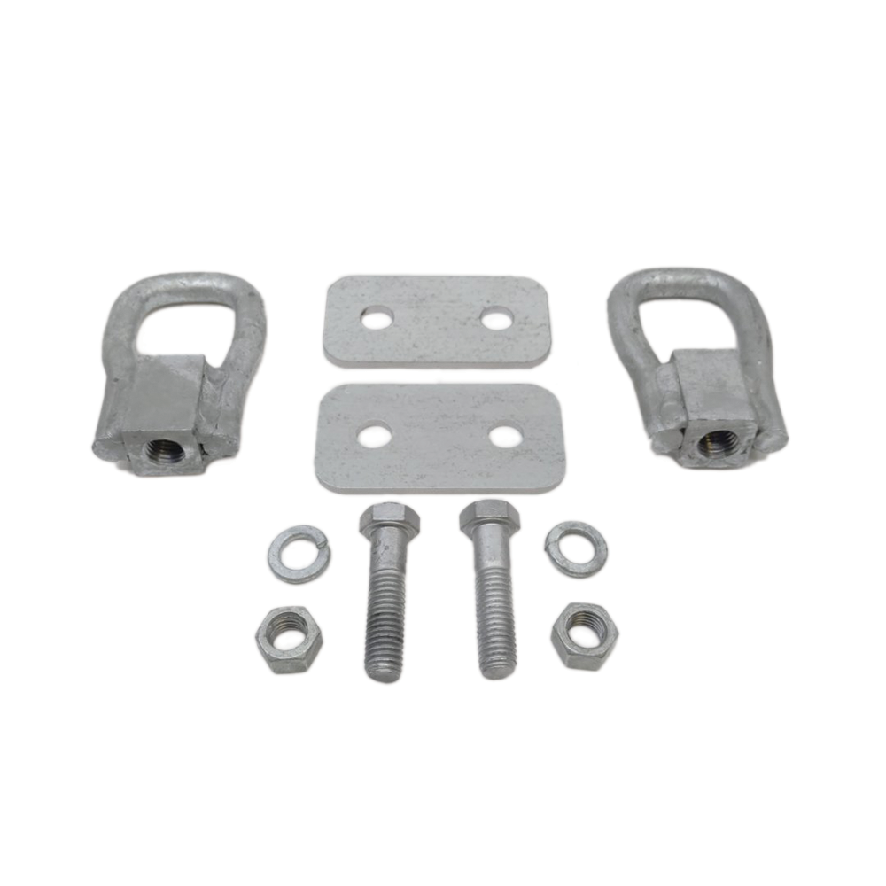 The Eye Nut Coupling Kit includes two U-bolt brackets with D-rings, two G90 Galvanized plates with holes, two bolts, M16 nuts, Heavy Duty Eye Nuts, and four washers—all neatly arranged on a white background.