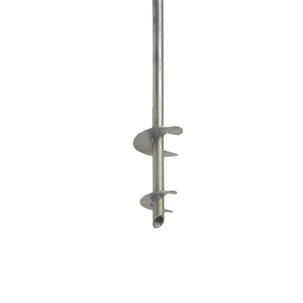 The Deck Foot - Floating - Ground Contact is a metal ground anchor with a long rod and spiral screw, designed to secure freestanding decks into the ground, shown against a white background.