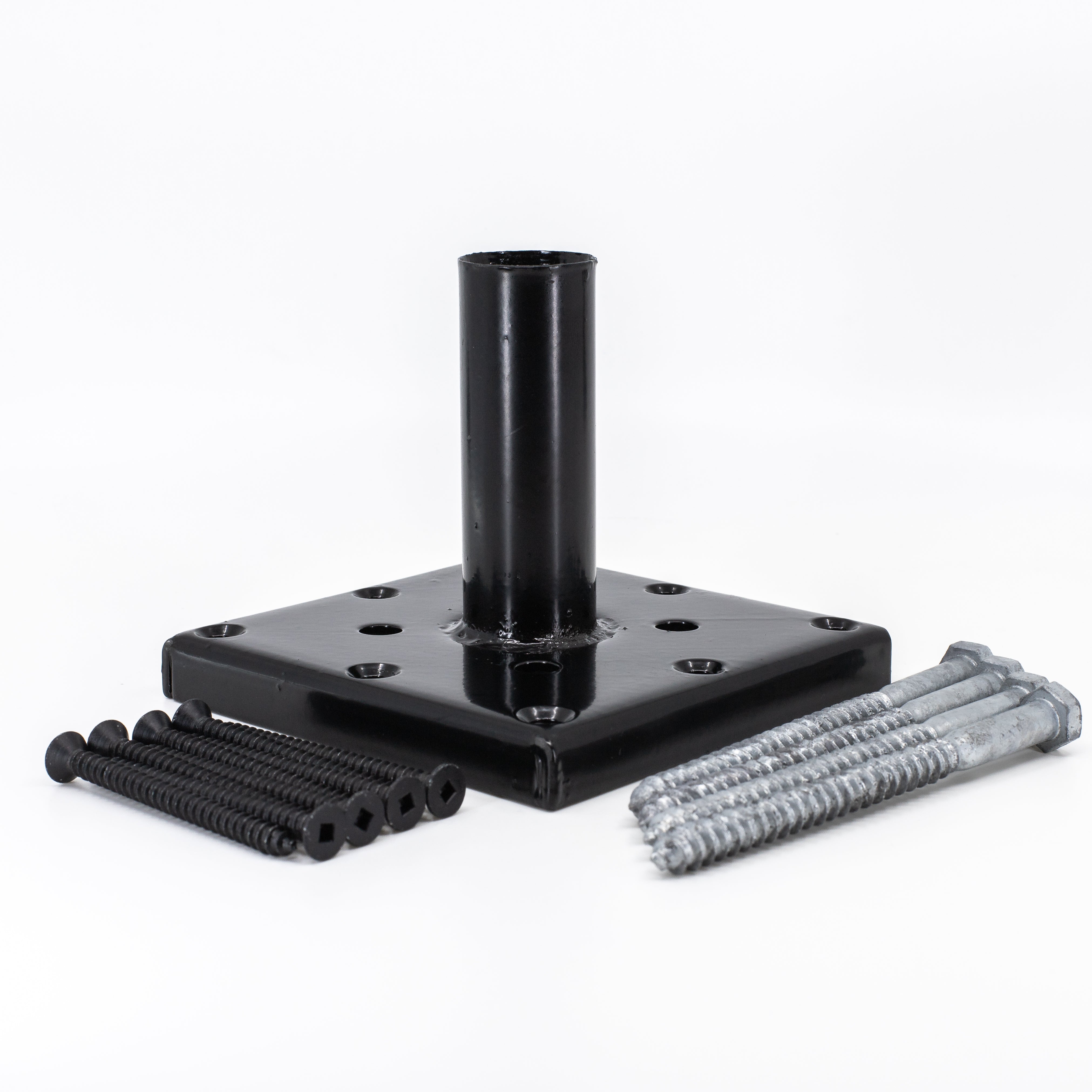 A black metal mount, resembling a Titan Wood Post Anchor with a vertical pipe in the center, is on a white background. Surrounding it are organized groups of 1/4x4 Galv. Hex Head Lag Screws (8 pcs), featuring both black and silver finishes, positioned on either side.