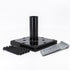 A black metal mount, resembling a Titan Wood Post Anchor with a vertical pipe in the center, is on a white background. Surrounding it are organized groups of 1/4x4 Galv. Hex Head Lag Screws (8 pcs), featuring both black and silver finishes, positioned on either side.