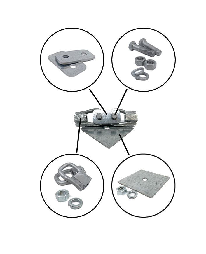 The Eye Nut Coupling Kit diagram features five zoomed images of components: an angled plate with two bolts, a G90 Galvanized plate with washers, bolts with an M16 nut, a cable lock, and a flat square plate equipped with heavy-duty eye nuts.