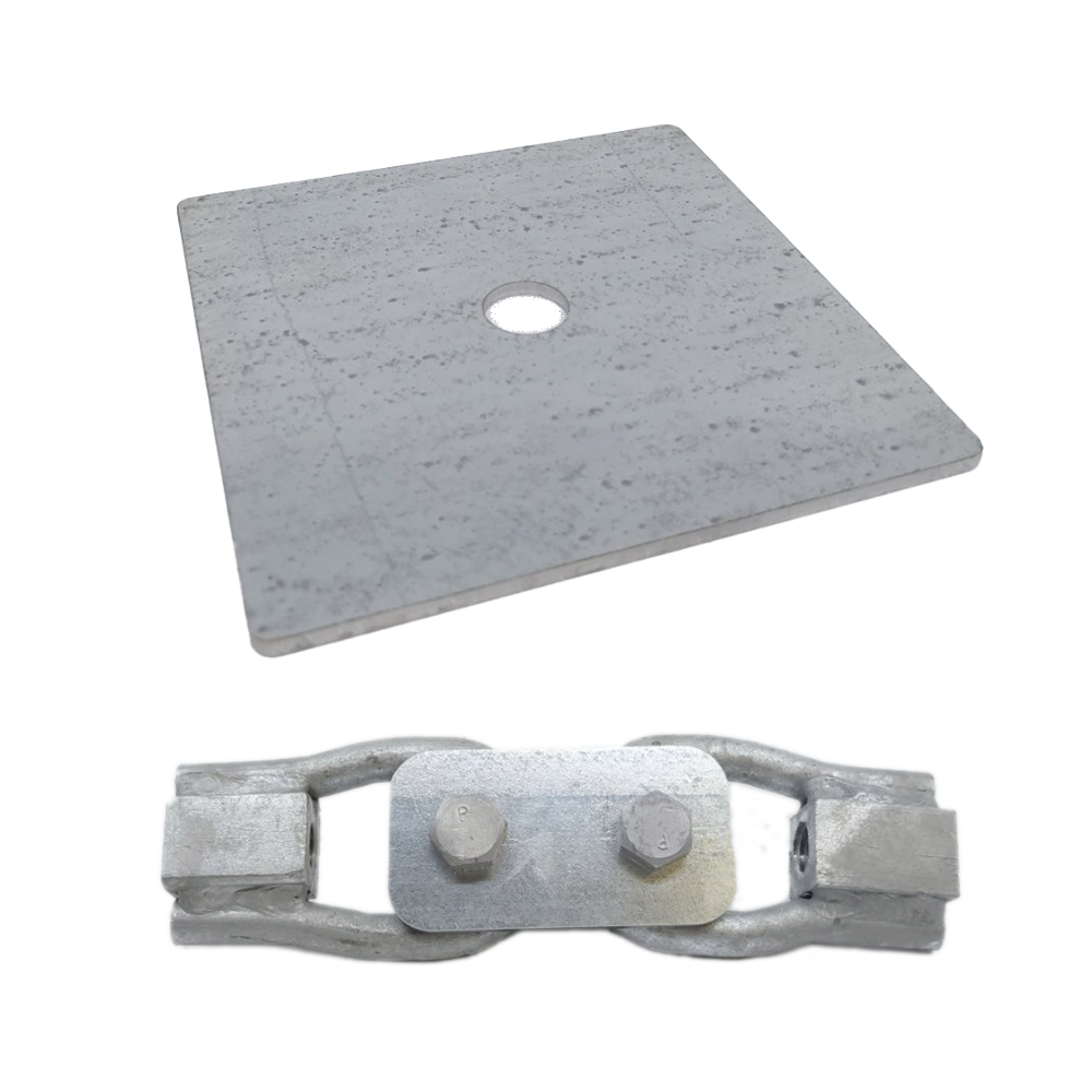 The Eye Nut Coupling Kit features a metallic square plate with a central hole for an M16 nut and a metal connector with visible bolts, all set against a white background.