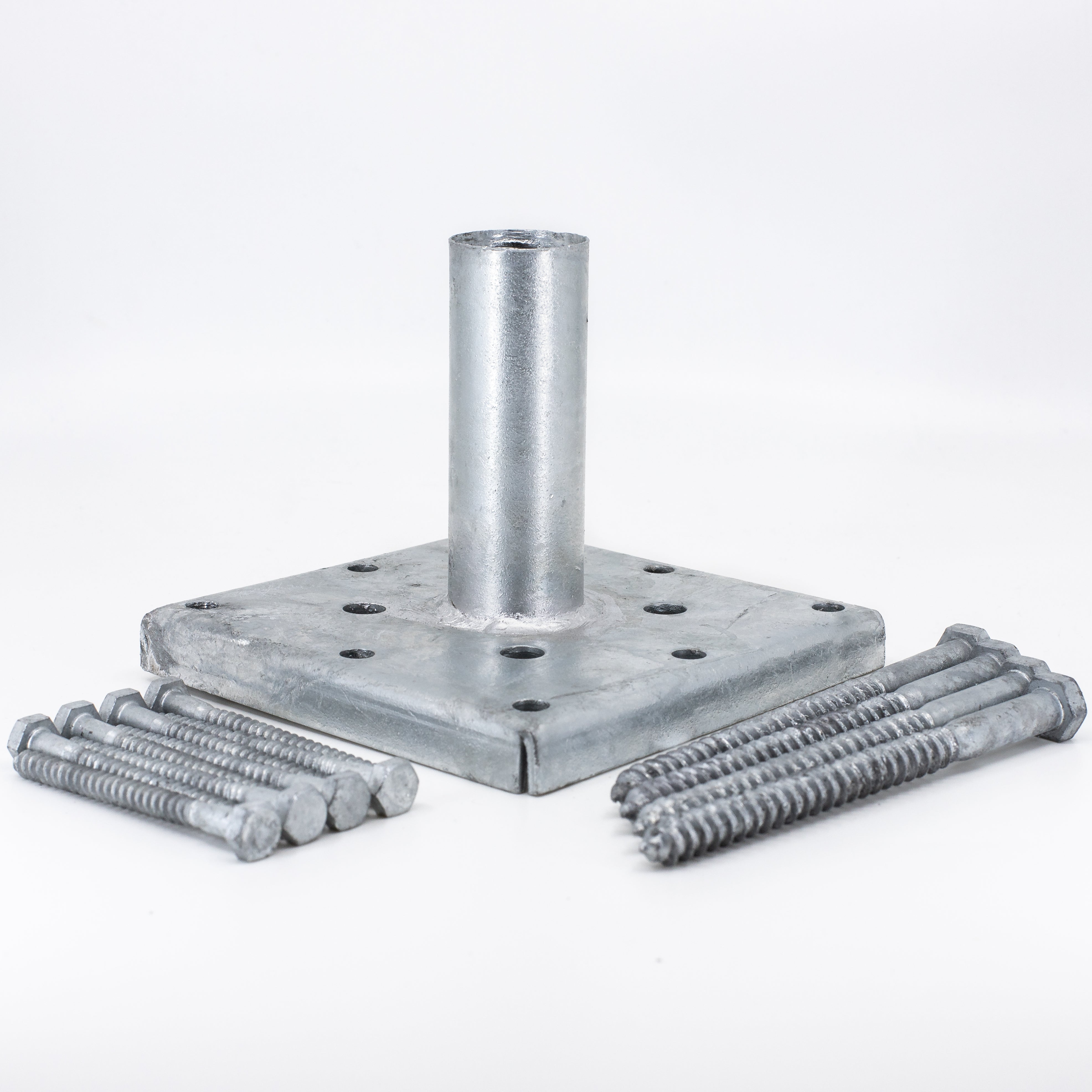 The 4x4 Triple Bundle - White/Black displays a metal base plate with a vertical tube, numerous bolt holes, and two sets of screws, ideal for stability and strength. The presentation is clean and elegant on a white background.