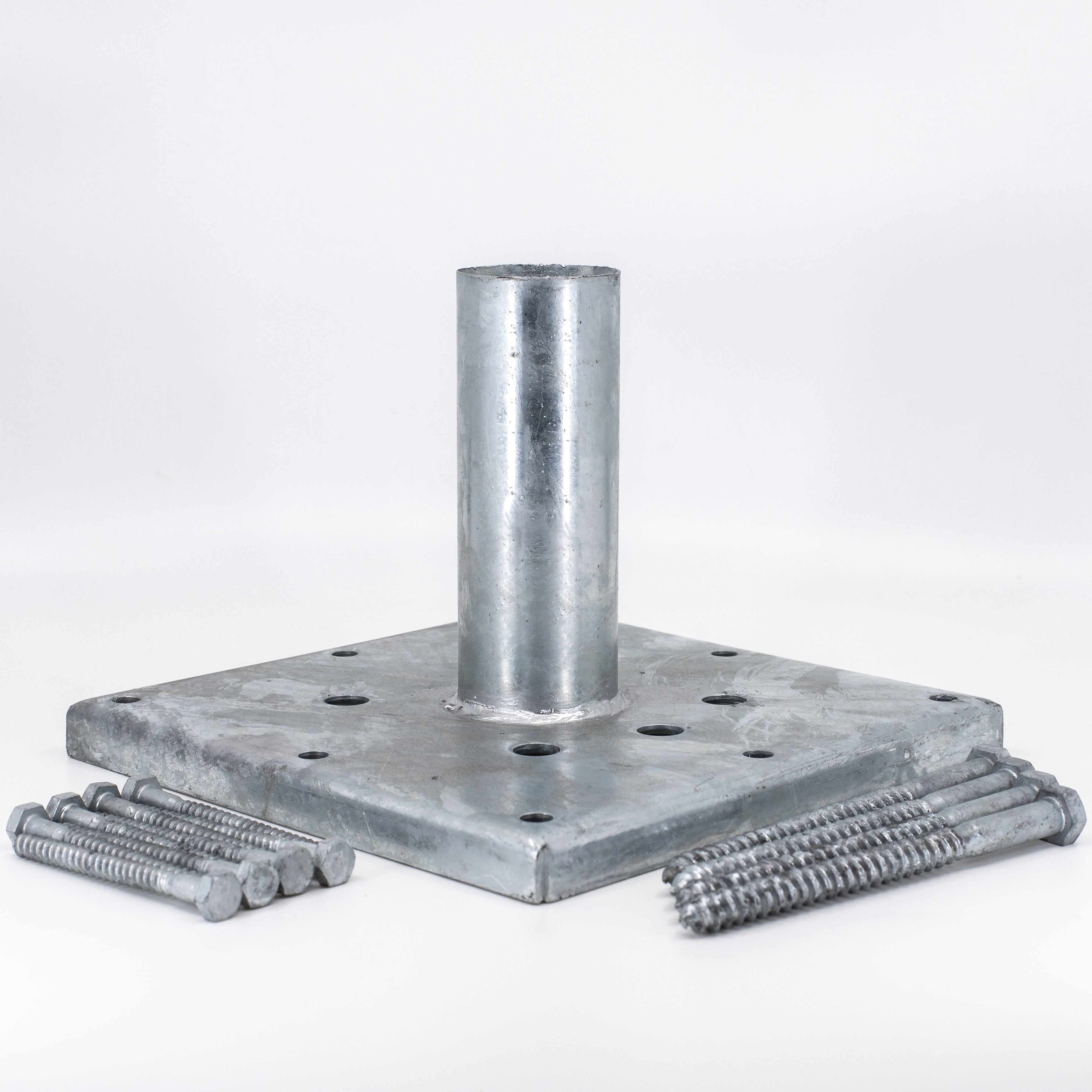 The Titan Wood Post Anchor, part of the 6x6 Double Bundle - White/Black, features a zinc-coated base with a central cylindrical post. It includes multiple holes, screws, and bolts, all displayed against a neutral backdrop.