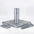 The Titan Wood Post Anchor, part of the 6x6 Double Bundle - White/Black, features a zinc-coated base with a central cylindrical post. It includes multiple holes, screws, and bolts, all displayed against a neutral backdrop.