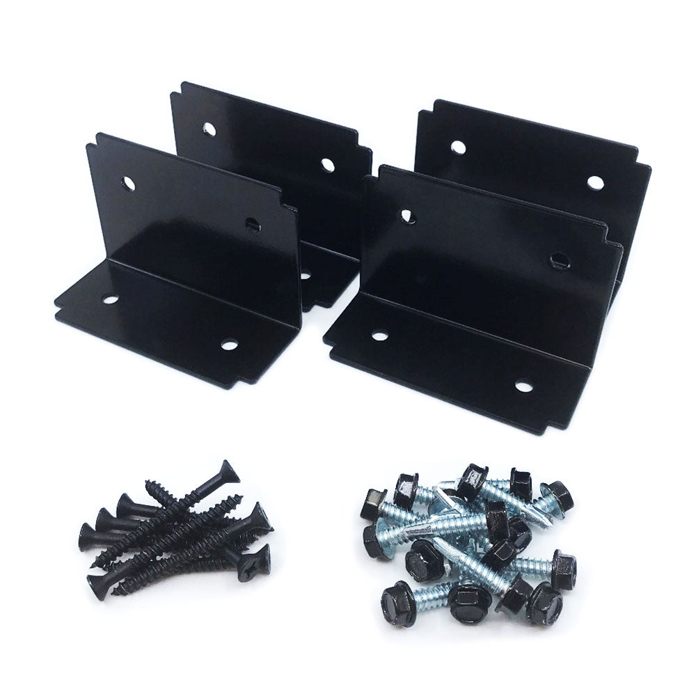 In the background, four black metal brackets stand like sentries. Up front, two hardware piles: black screws on the left and silver bolts with nuts on the right, all displayed on a white surface. This setup suggests a strong construction suitable for Deck Foot - Floating - Ground Contact use.