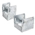 Two Deck Foot - Floating - Ground Contact brackets, made of galvanized metal with rectangular bases and vertical sides featuring slotted holes for fastening, appear sturdy and ideal for freestanding decks or mounting applications. The brackets are positioned at slight angles.