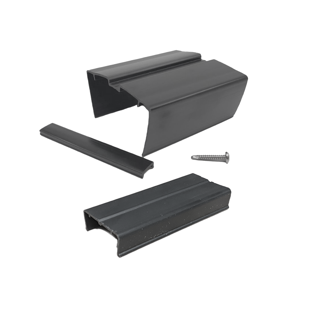 The Rail Shield Handrail Covers, made of durable black polycarbonate, include a base, two interlocking cover pieces, and a metal screw. The components are shown separately on a white backdrop to demonstrate seamless assembly.