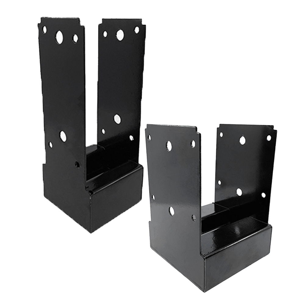 Two black metal brackets with multiple mounting holes, a rectangular base, and a U-shaped design with cut-outs for Deck Foot - Floating - Ground Contact applications. Perfect for freestanding decks or ground-anchored footings.