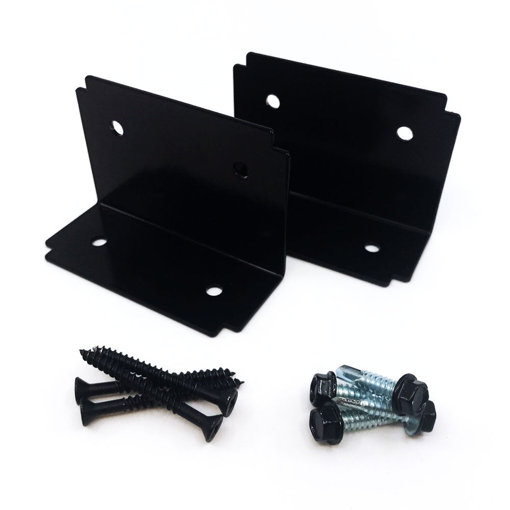 Black metal L-brackets with four mounting holes are perfect as pergola post brackets. They include black Self-Drilling Metal Screws and a set of silver bolts with nuts, all displayed on a white background.