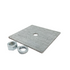 Displayed is a rectangular metal plate with a central hole, accompanied by an M16 nut and a round washer, all part of the Eye Nut Coupling Kit. These items rest on a white background, highlighting their G90 galvanized durability.