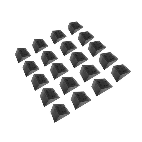 Twenty black, pyramid-shaped rubber pads similar to the textured grips on Snapn Lock™ Stair Adapters Square are arranged in a staggered grid on a white background. Each features four raised circular grips enhancing its surface.