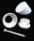 The Snapn Lock® Stair Adapter Plus Connector Packs - White Round features white plastic wall anchors and a metal screw with a threaded tip, beautifully arranged against a black background to accentuate their shapes and textures.