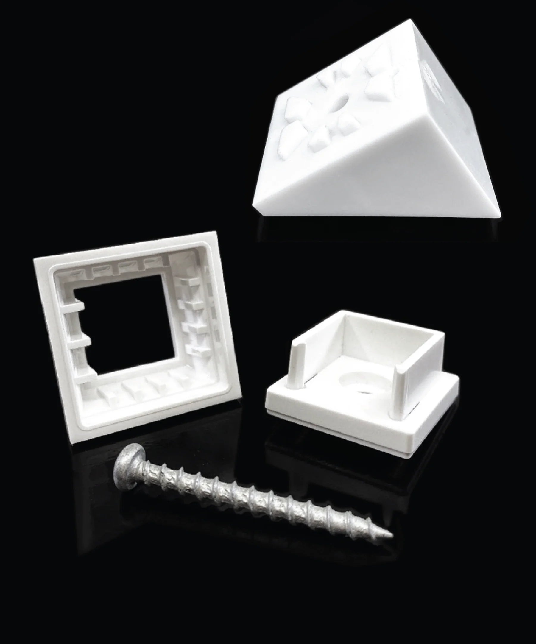 The Snapn Lock® Stair Adapter Plus Connector Packs - White Square features a textured pyramid-shaped top, a hollow square frame, a square base with side supports, and a silver screw, all set against a black background.