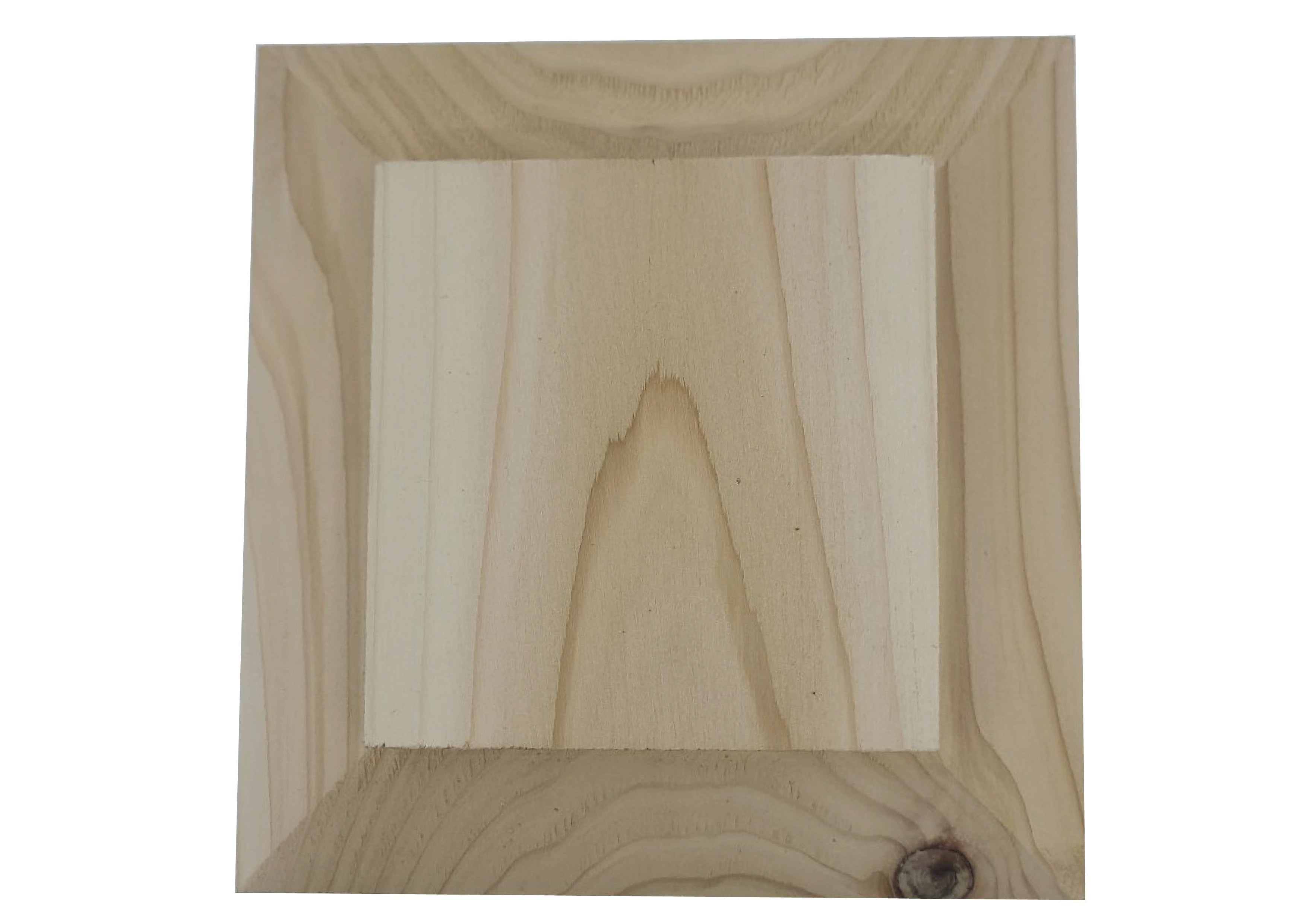 A knotty cedar piece with a rectangular recessed center, showcasing natural grain patterns and a notable knot in the lower right corner. The light, unfinished look is characteristic of Island Knotty Cedar Post Caps.