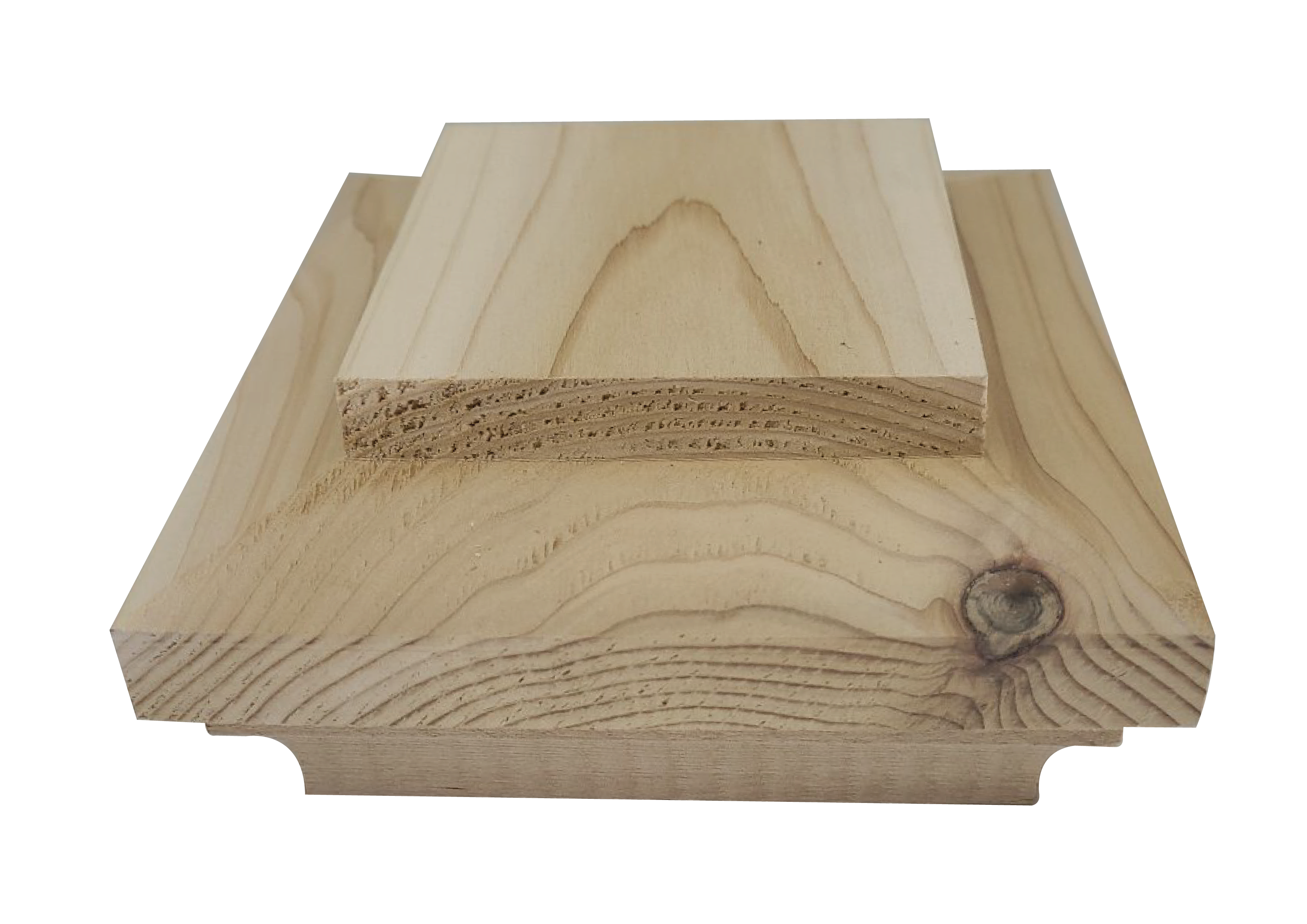 Two stacked knotty cedar wooden planks evoke Island Knotty Cedar Post Caps charm, with the top plank having rough edges and the bottom one featuring a decorative border; both have visible grain patterns, natural knots, and are in a light wood color.