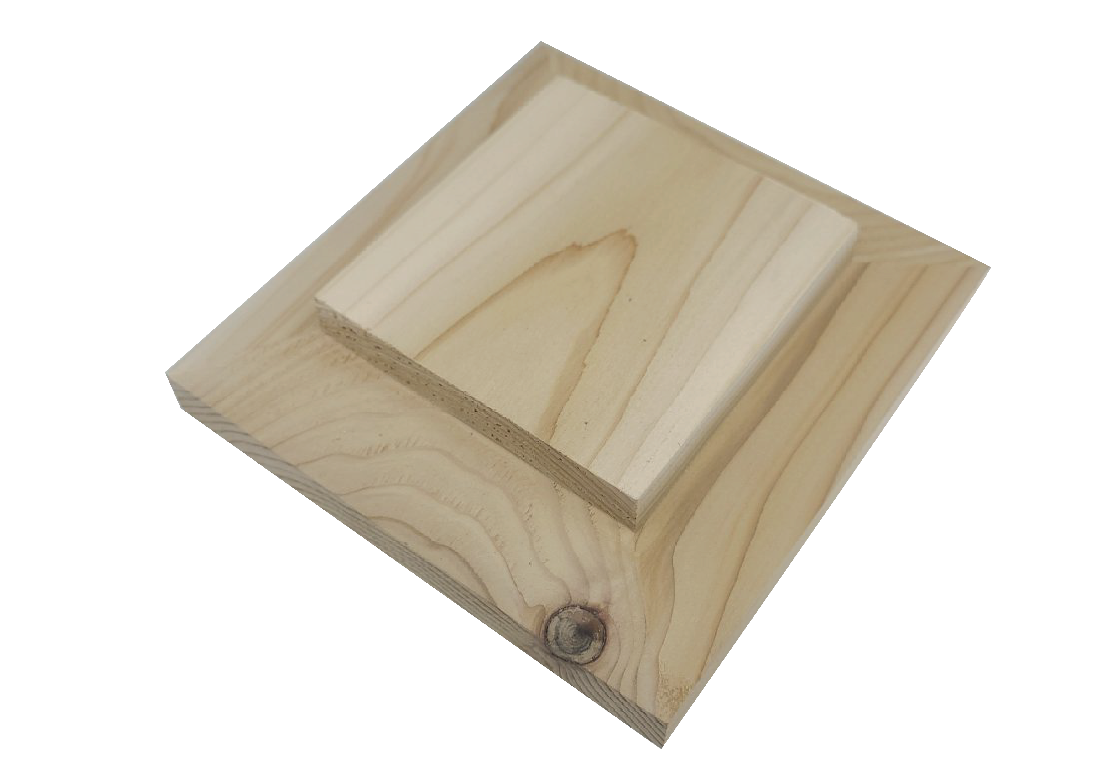 A square wooden block with a smaller piece on top, resembling Island Knotty Cedar Post Caps. The knotty cedar features visible grain patterns and a central knot, all encased in a smooth, unfinished surface.