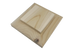 A square wooden block with a smaller piece on top, resembling Island Knotty Cedar Post Caps. The knotty cedar features visible grain patterns and a central knot, all encased in a smooth, unfinished surface.
