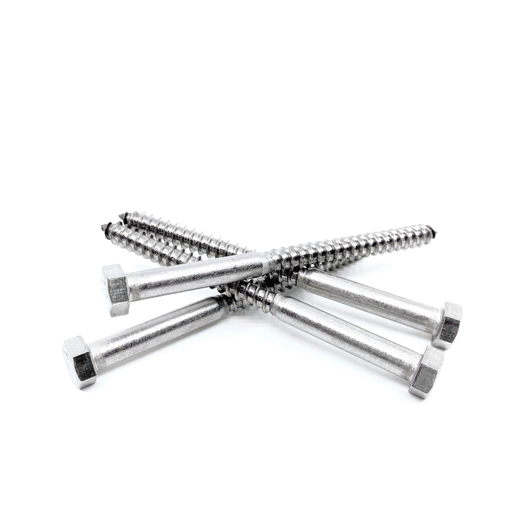 Four 3/8x5 Stainless Hex Head Lag Screws with hexagonal heads are crossed over each other on a plain white background, ideal for securing your Titan Wood Post Anchors.