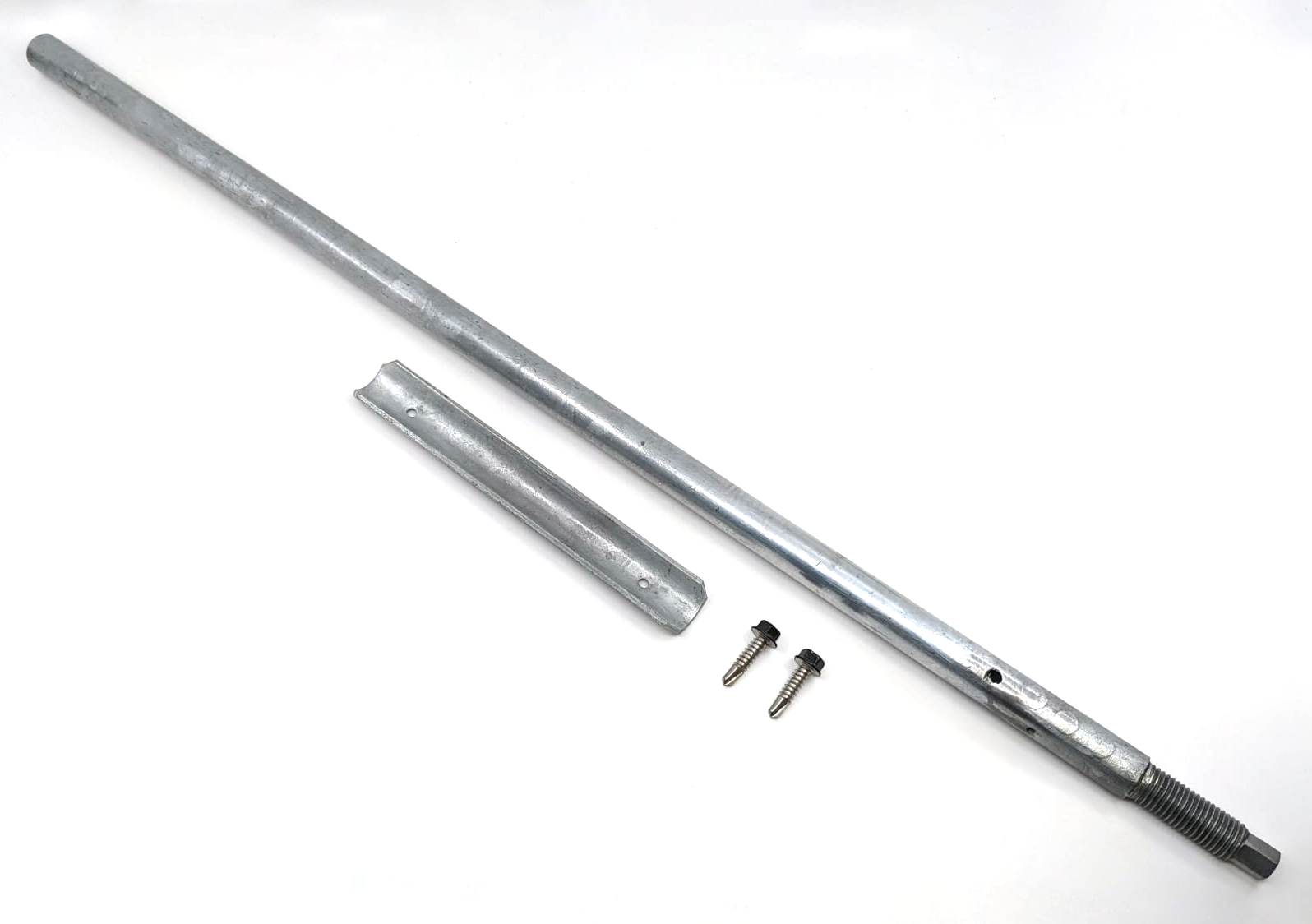 An Auger Extension with an M16 2.0 thread end rests next to a shorter, slightly curved metal piece and two small screws on a white background.