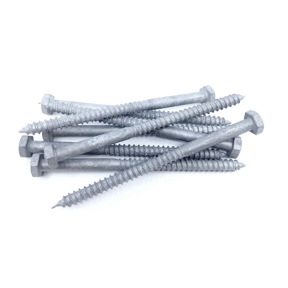 A close-up of eight 1/4x4 Galv. Hex Head Lag Screws with sharp, threaded tips on a white background. Ideal for projects needing durability and strength, like securing a Titan Wood Post Anchor.