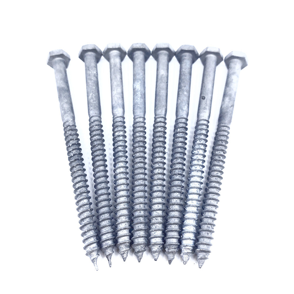 Eight 1/4x4 galvanized hex head lag screws are aligned vertically on a white background. Featuring threaded bodies and pointed tips, they ensure robust connections for projects like the Titan Wood Post Anchor.