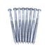 Eight 1/4x4 galvanized hex head lag screws are aligned vertically on a white background. Featuring threaded bodies and pointed tips, they ensure robust connections for projects like the Titan Wood Post Anchor.