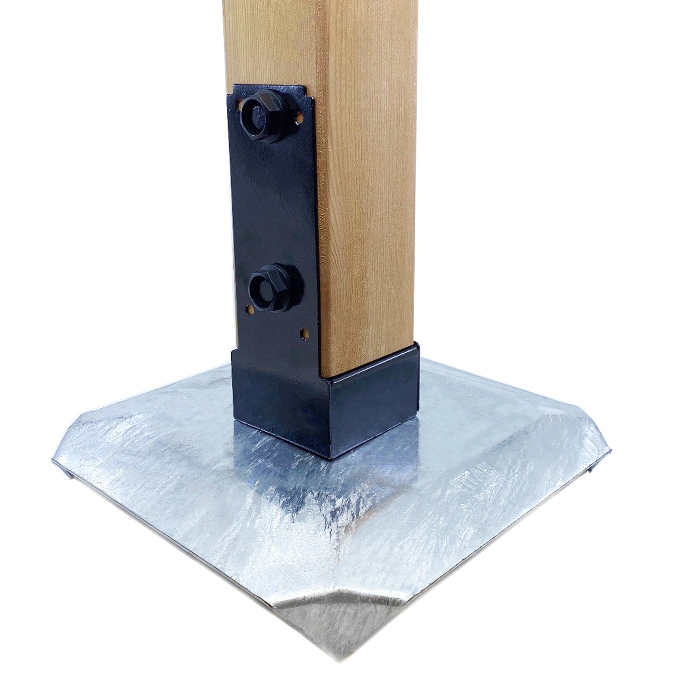 A wooden post is secured to a metal base using black brackets and T.C Bolts™ 4x4 (pair). The base has a shiny, galvanized surface and angled edges, perfect for pergola posts, ensuring stability.