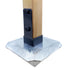 A wooden post is secured to a metal base using black brackets and T.C Bolts™ 4x4 (pair). The base has a shiny, galvanized surface and angled edges, perfect for pergola posts, ensuring stability.