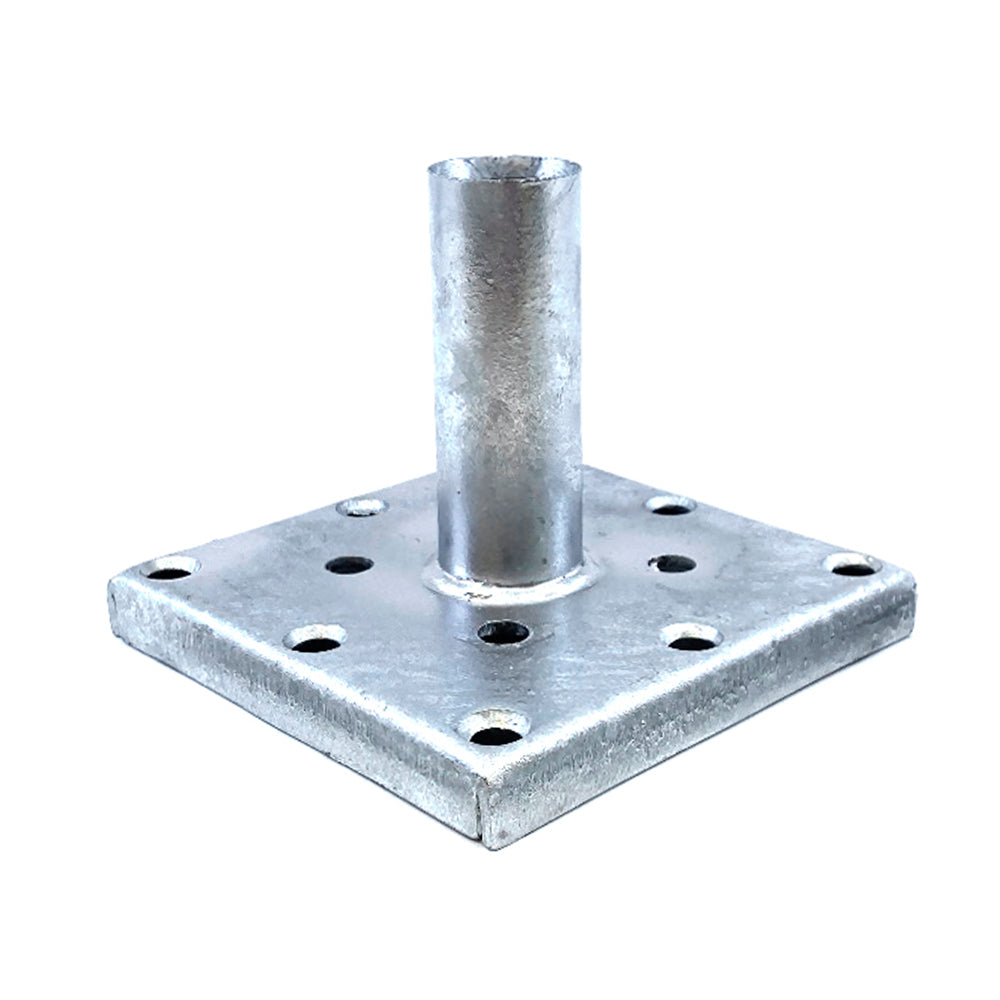 The Post Anchor Single features a silver metallic baseplate with an upward-extending cylindrical tube, boasting a square flat base with multiple holes for secure mounting. Its smooth, shiny finish guarantees durability and elegance.
