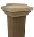 A close-up of a wooden pillar featuring a square decorative cap. Its smooth finish highlights the natural grain of knotty cedar, and the elegant beveled top is reminiscent of Island Knotty Cedar Post Caps, adding an architectural touch.