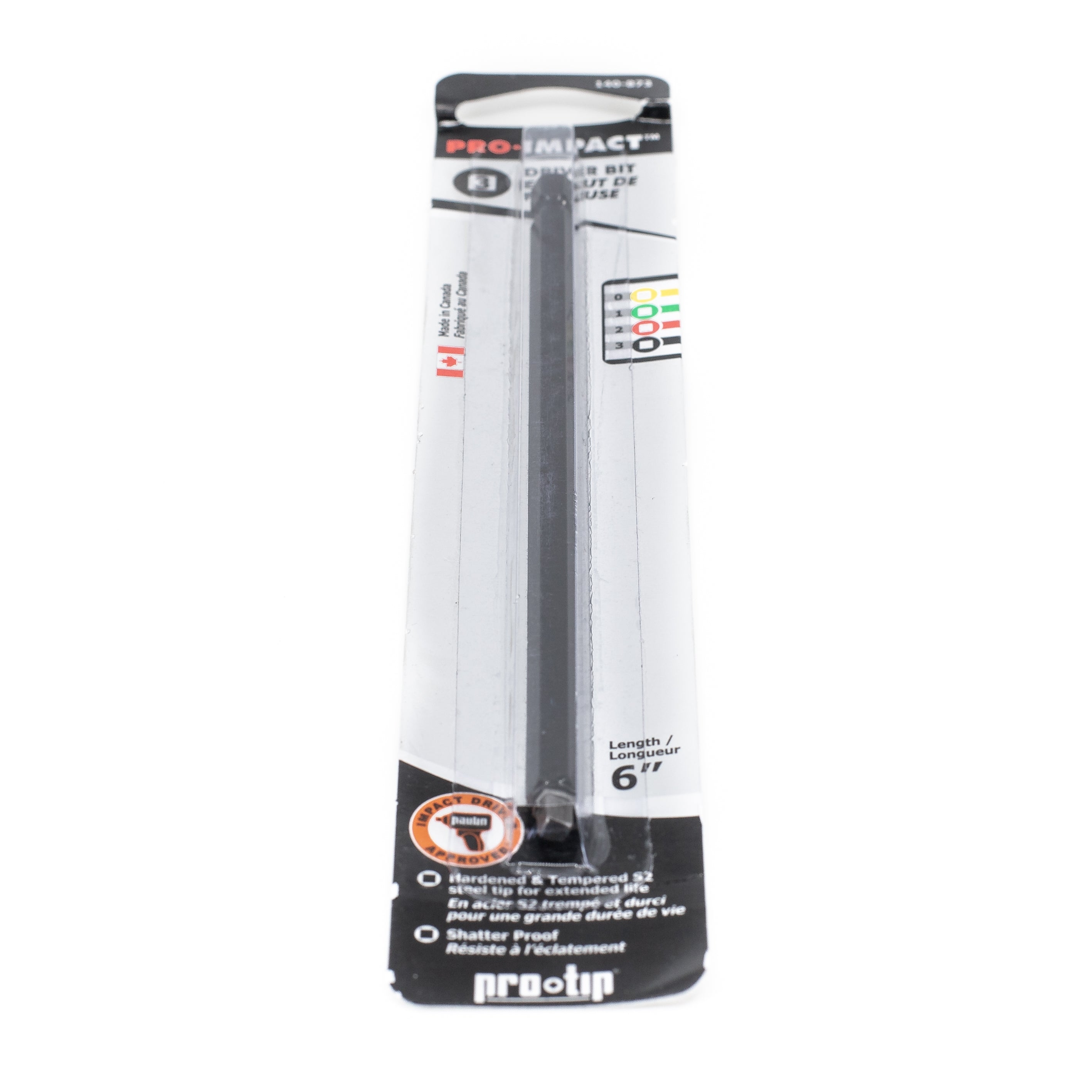 The Pro-Impact replacement tip package is sleek in black and silver, revealing the #3 Square Six Inch Driver Bit inside. It emphasizes compatibility, shatterproof quality, and easy installation, making it ideal for use with wood screws.