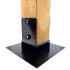 A wooden post is secured to a black metal baseplate using two T.C Bolts™ 6x6 (pair). The square, flat baseplate provides stability, perfect for pergola posts. The image features a plain white background.