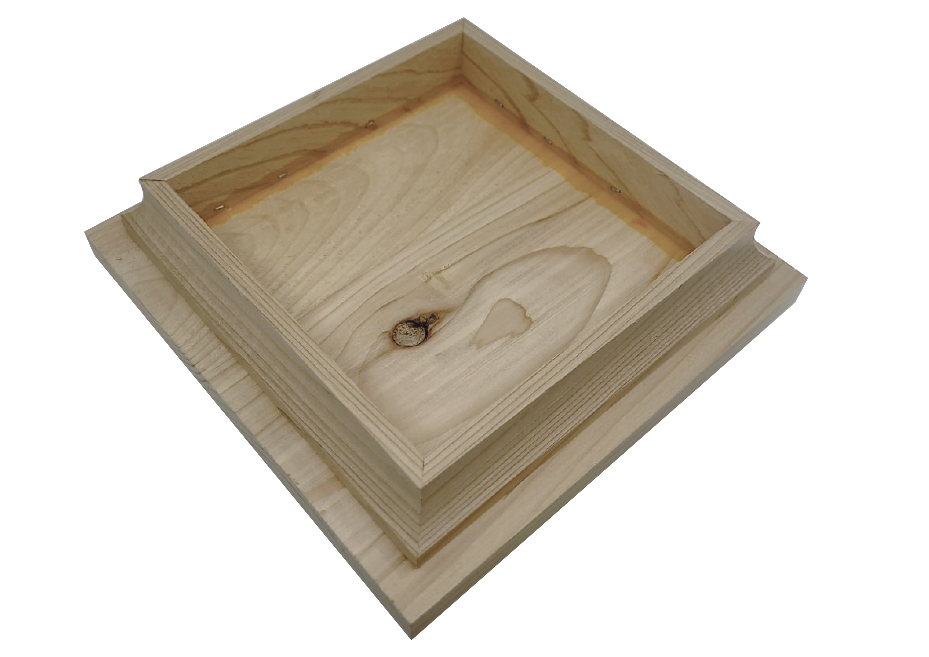 A stack of square Island Knotty Cedar Post Caps sits against a black background. The top cap, with visible wood grain and a small knot, highlights the natural texture and hand-crafted look that emphasizes its minimalist design.